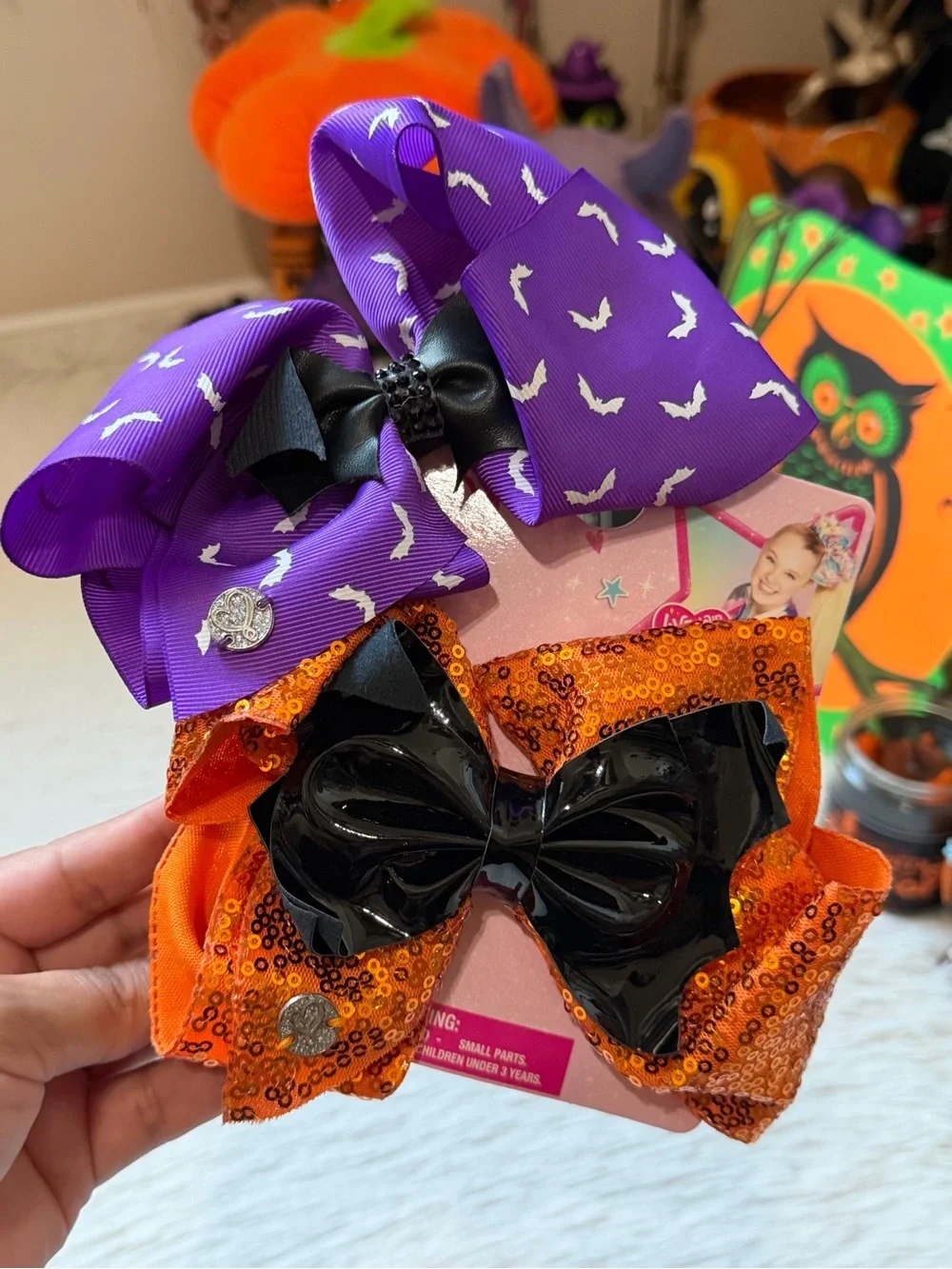 JoJo Siwa spooky Halloween style orange sequin & Purple Bat Hair Bows